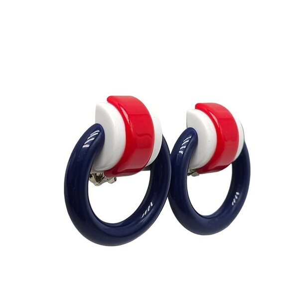 Red White Blue Patriotic Acrylic Round Dangle Earrings Clip-On Closure Vintage - Picture 2 of 5